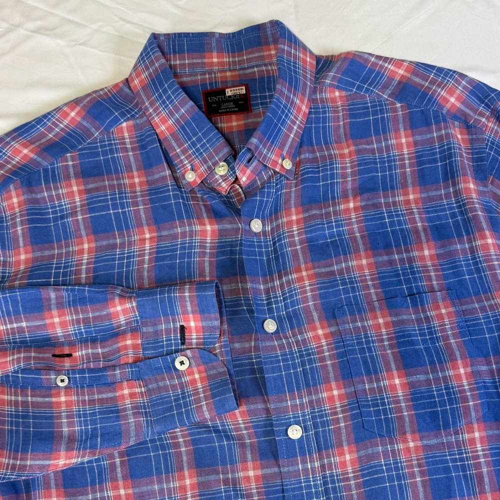 Untuckit 100% Linen Shirt Blue Pink Plaid Long Sleeve Mens Size Large Springcore